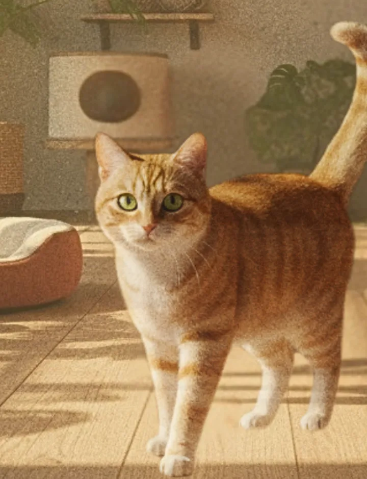Chat roux et blanc dans l'espace de vie lumineux de Neko Chigura