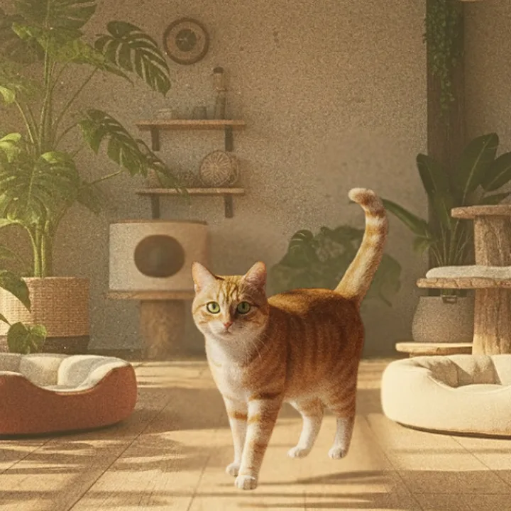 Chat évoluant dans l'espace de vie végétalisé de Neko Chigura